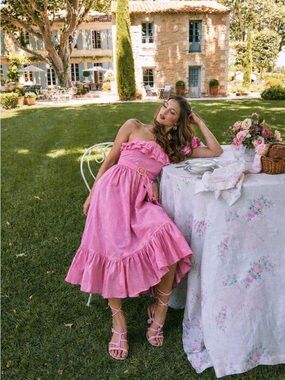 ANTHROPOLOGIE Place Nationale Cotton Ruffle Midi Dress Hot Pink Coquette S 2/4